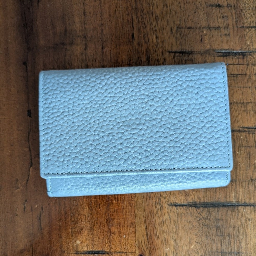 Genuine Pebbled Leather Compact Trifold Wallet Light Blue Made in Italy *READ